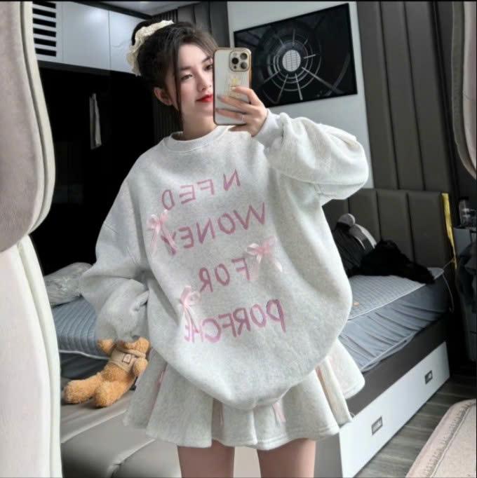 ( mẫu mới, tặng tui mu) Sét bộ áo nỉ bo dài tay in chữ + chân váy nỉ dành cho nữ