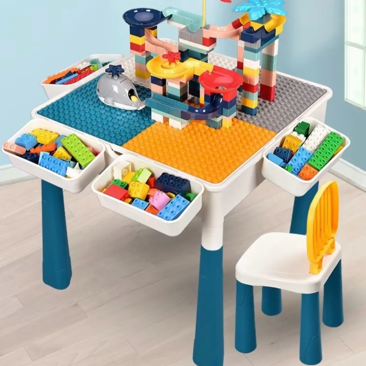Bộ Bàn Và Ghế Cho Bé, Tặng Kèm Bộ Xếp Hình 110 Chi Tiết Kèm Đồ Chơi Kem Toys