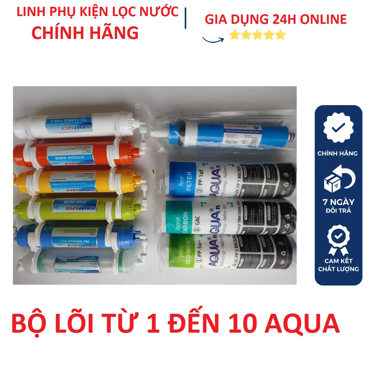 Bộ 10 lõi lọc nước 1,2,3,4,5,6,7,8,9,10 Aqua gồm lõi 123 , Màng RO và cụm tạo khoáng 5678910 Dùng để thay thế cho máy lọc RO