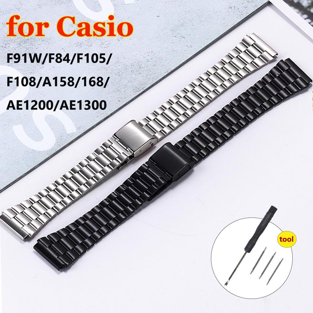 สายนาฬิกา,สำหรับ Casio F-91W,F105,F108,A158W,A168,AE1200,AE1300,สายนาฬิกาสำรอง,สายโลหะ,สายสแตนเลส 18