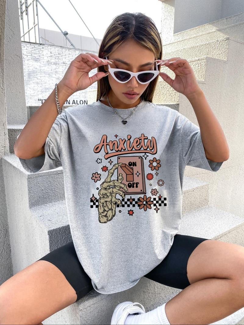 Product Introduction of Women's Cartoon Skeleton & Letter Print Round Neck Graphic Tee for Summer, Summer Clothes, Vintage Trendy Casual Drop Shoulder Half Sleeve T-shirt for Daily Wear, Ladies Summer Outfit 12