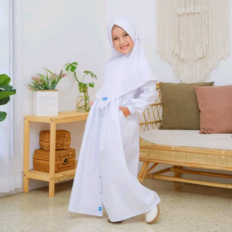 SETELAN GAMIS AZMA NUBI WHITE SERIES | SET GAMIS ANAK CEWEK | GAMIS PUTIH ANAK
