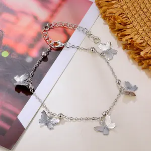Shafa - Anklet Simple Tassels butterfly Gelang Kaki Rantai Multi Layer Aesthetic Aksen Bandul Kupu-kupu Warna Silver Perak Aksesoris Fashion Wanita Korean Style [J3-5] Diamond