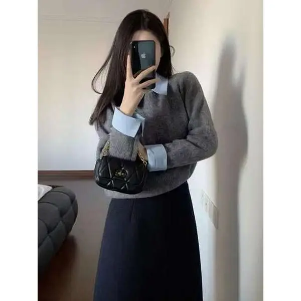 Áo Len Giả Hai Lớp Cổ Áo Sơ Mi Phong Cách Hàn Quốc Thiết Kế Đẹp Cho Nữ, Thích Hợp Cho Mùa Thu Và Mùa Đông, Chất Liệu Dệt Kim Mềm Mại Và Nếp, Áo Mặc Trong Áo Len Women Top Dài Tay