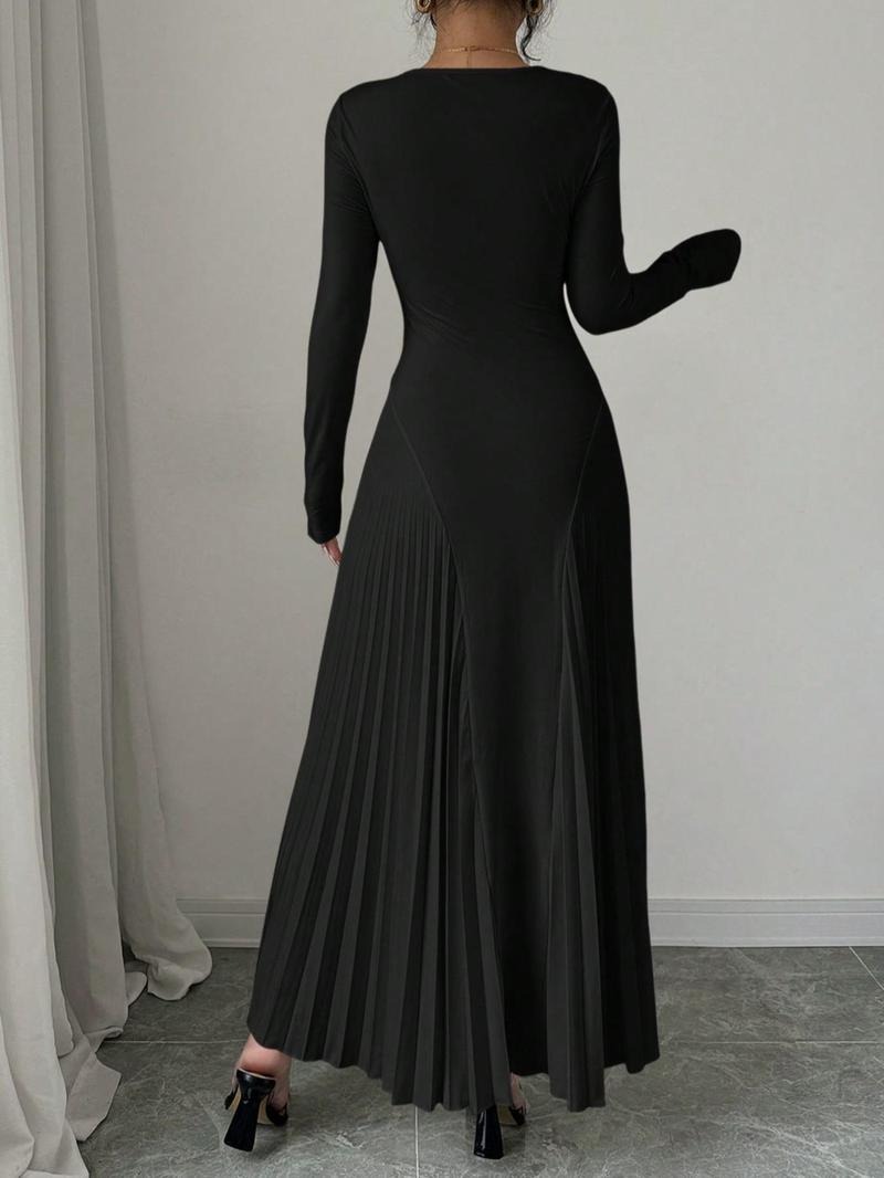 Product Introduction of Women's Solid Color Pleated Tight-fitting Dress, Elegant Long Sleeve Round Neck Dress for Party Holiday Wedding Guest, Ladies Spring & Fall Clothes 2