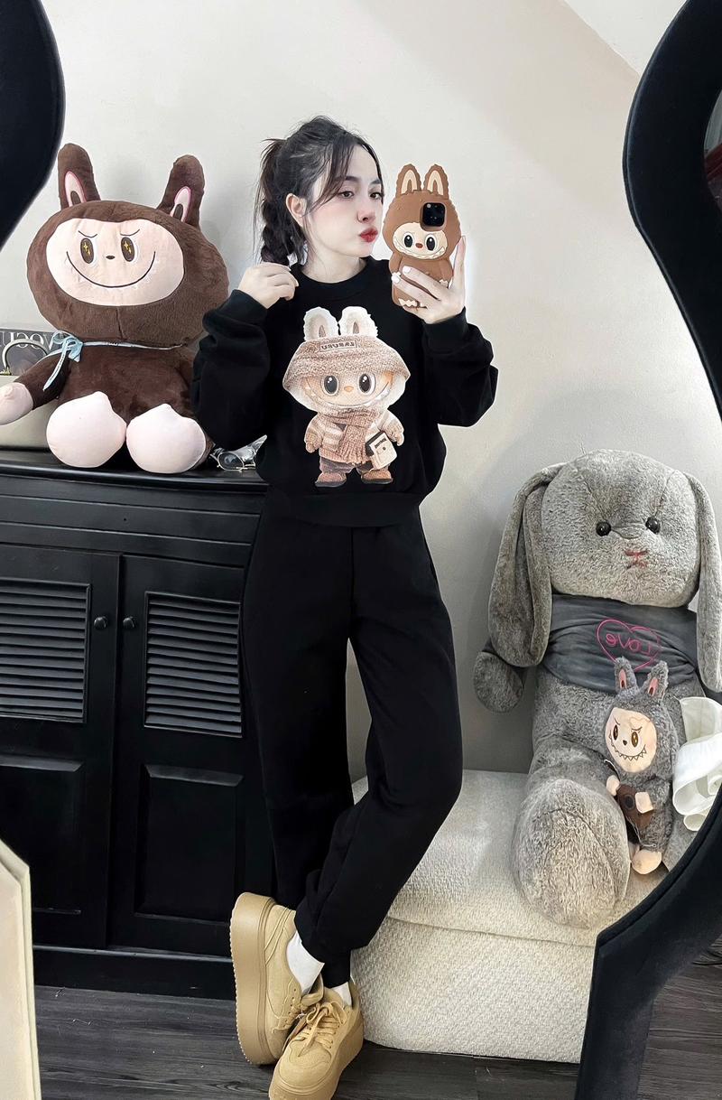 Product Introduction of Bộ Nỉ Nữ  LABUBUU Nỉ Hai Da, Áo in hình gấu, quần bo gối dày dặn , ấm áp Women 12