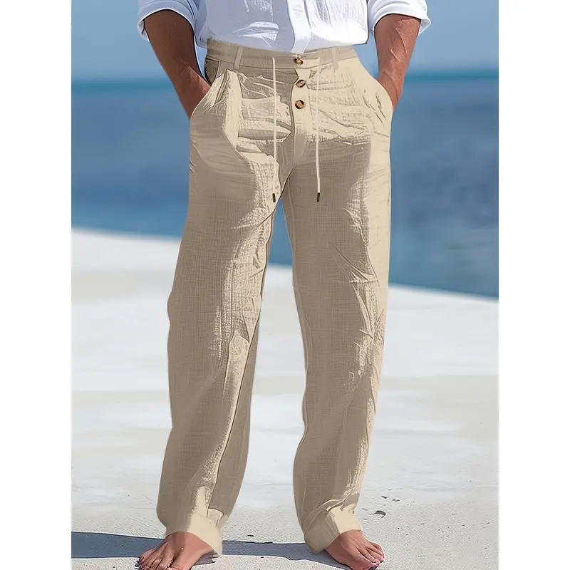 Men's Lightweight Linen Beach Pants -, Straight Leg, Solid with Drawstring Waist & Button Details for Spring/Summer Casual Wear, Outdoor Leisurewear |   Comfortable Leisurewear 3