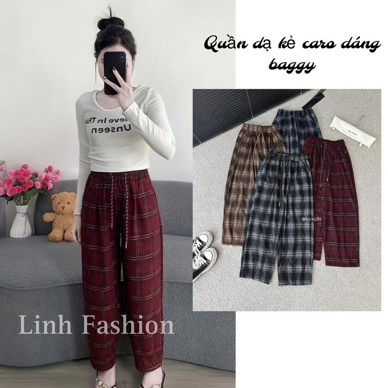 Hot Quần Baggy Nữ Kẻ Sọc Caro Chất Dạ Mềm Cao Cấp Co Giãn 4 Chiều