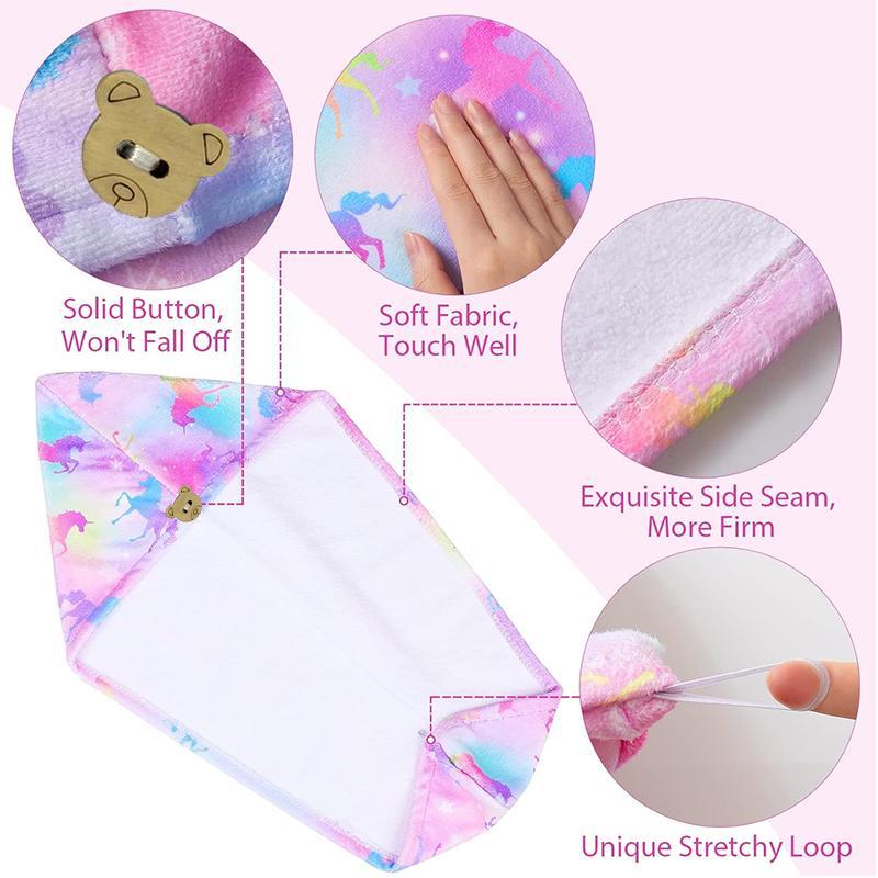 Hair Towel Wrap with Button, 1 Set Cute Cartoon Pattern Hair Drying Towel, Water Absorbent Hair Towel for Kids 5
