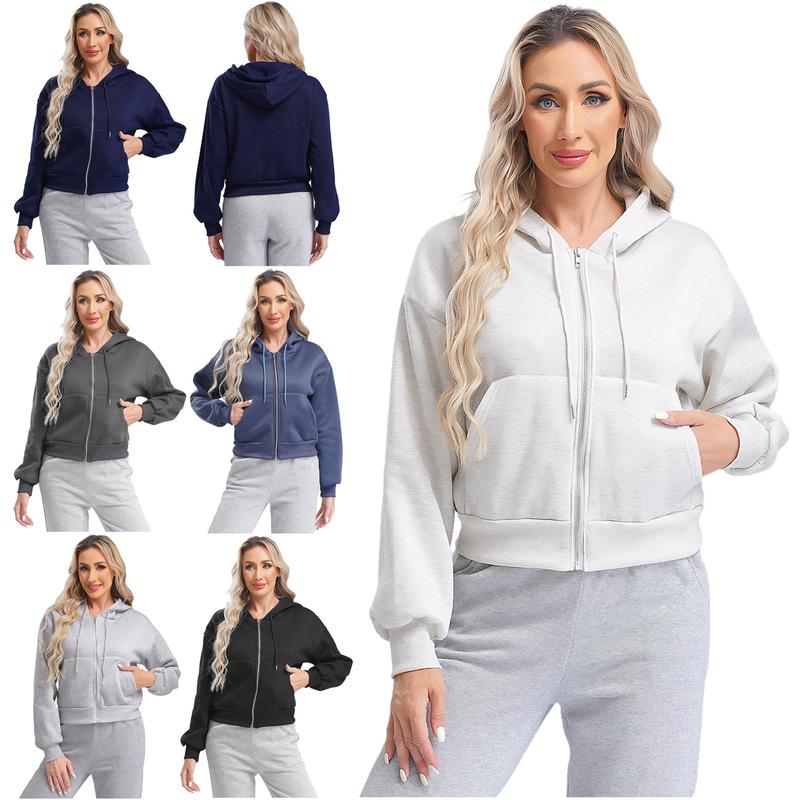 Moggemol  Womens Zip-Up Fleece-Lined Cropped Hoodie Casual Solid Color Long Sleeve Drawstring Hooded Sweatshirt with Pockets Womenswear Elastic 0