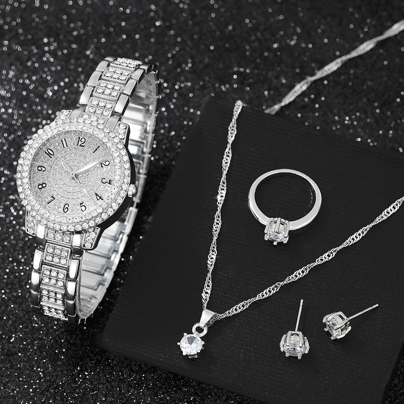 Bộ Đồng Hồ Nữ, 5 Món, Màu Bạc Với Zircon Toàn Bộ, Bộ Ry