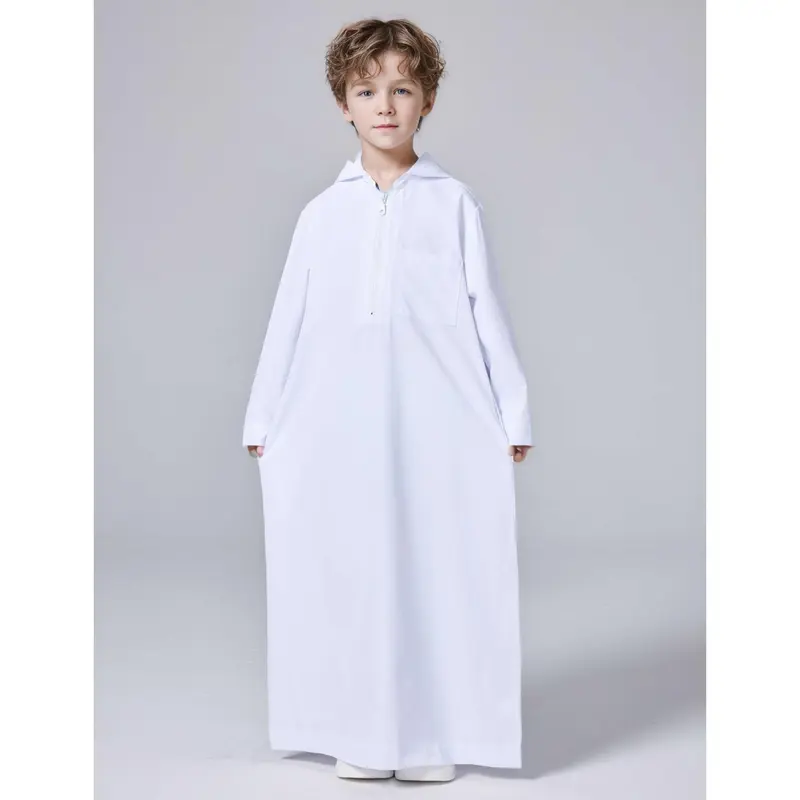 2025 Middle East Solid Color Boy Hooded Zip Shirt Robe Arab Muslim 5