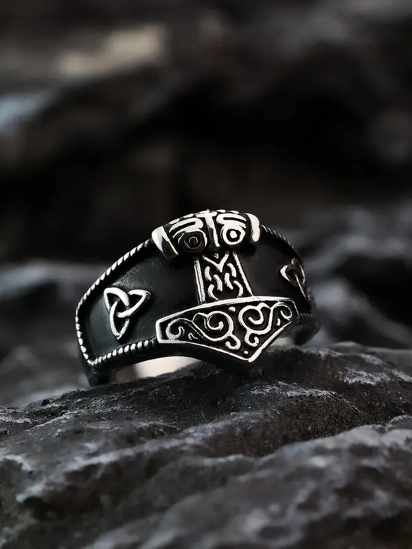 Vintage Wolf Head Design Hammer Ring, Stainless Steel Jewelry for Party, Daily Clothing Decor, Trendy All-match & Exquisite Jewelry for Birthday Gift 7