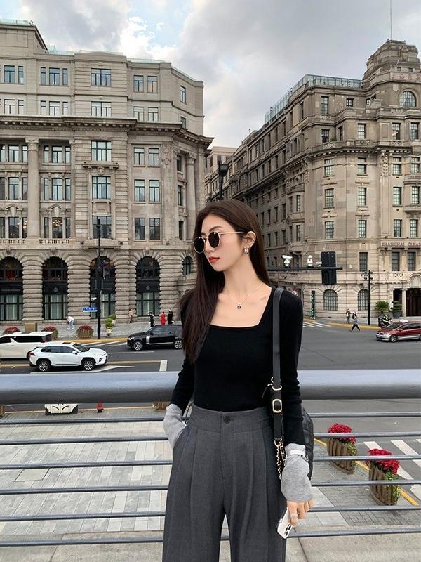 Product Introduction of OOTD Dralon-Áo Cổ Vuông Cho Nữ, Màu Tương Phản, Thiết Kế Phong Cách Pháp Mùa Thu, Dáng Ôm, Giảm Béo Và Ấm Áp, Lớp Đế Trong, Áo Phông 3