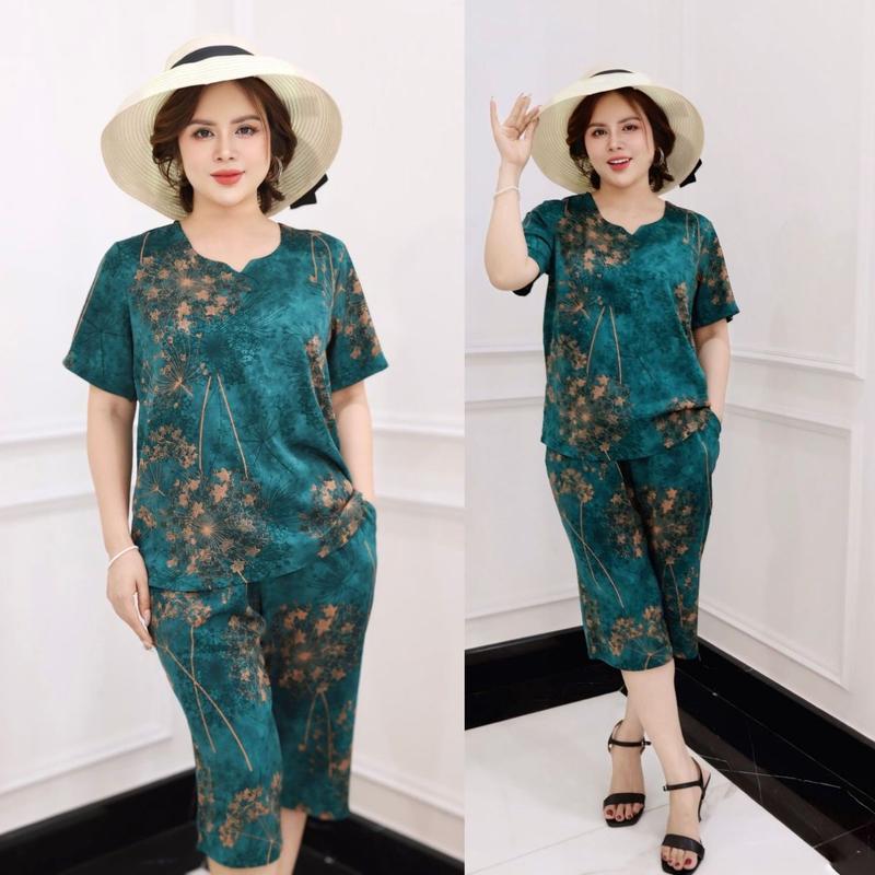 Đồ Bộ Trung Niên Cho Mẹ , Áo Cổ Tròn, Quần Suông Lửng Ngang Gối Ms19 Nữ Women Top