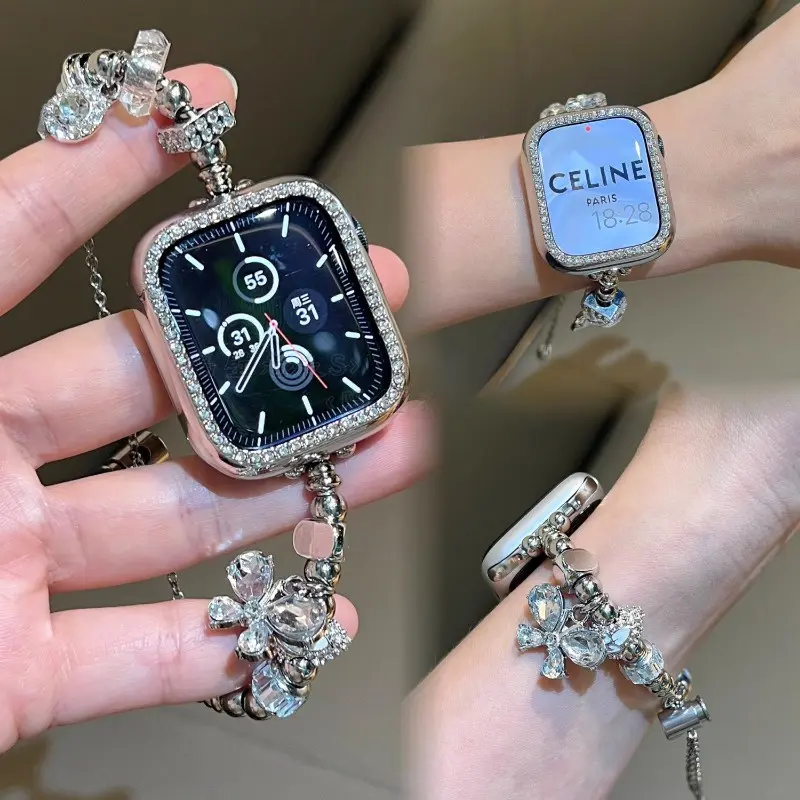 สายนาฬิกาอัจฉริยะ, การออกแบบโลหะลูกปัดหรูหรา, เข้ากันได้กับ Apple Watch Ultra 9 Series 9, 8, 7, 6, 5, 4, 3, 21, T900, T800, X25, Pro Max, ขนาด 40 มม., 41 มม., 45 มม., 44 มม., 49 มม., 38 มม., 2 in 1, พร้อมสร้อยข้อมือสายรัด, รวมเคสเพชร, การออกแบบสร้อยข้อมือ