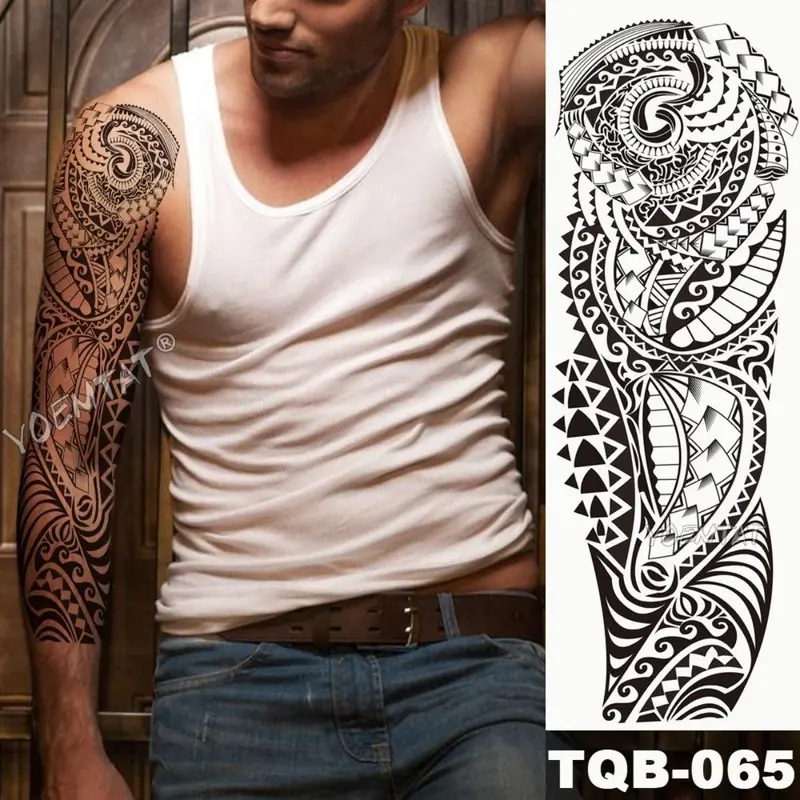 Miếng Dán Hình Xăm Tạm Thời Không Thấm Nước, Cánh Tay Áo Lớn, Thiết Kế Totem Maori Và Maya Bộ Lạc, Hình Xăm Lung Linh Thích Hợp Cho Phụ Nữ Và Nam Giới, Nghệ Thuật Cơ Thể Màu Đen, Hình Xăm Giả 1
