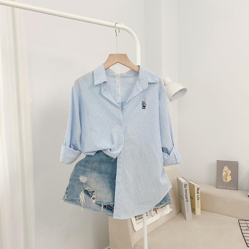  Áo Sơ Mi Nữ Kẻ Sọc Nhí Form Rộng Basic Màu Sắc Pastel Dịu Dàng Chất Cotton Đũi Không Nhăn Áo Sơ Mi Thêu Hoạ Tiết Xinh Phong Cách Hàn Quốc Women Top 