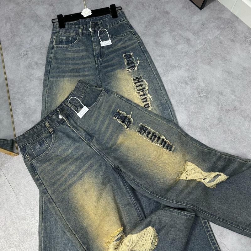 ( LN502 M45-M58 ) Quần Jean Xuông Vải QCCC Nấm Lùn Lưng Cao rách 2 màu Quần Jean Ống Rộng Menswear