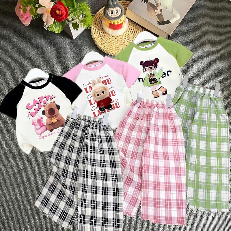 Combo 3 bộ áo cộc quần xuông kẻ in hình Labubu và Cappy bara chất cotton mềm mịn size 10-55kg Vải Cotton
