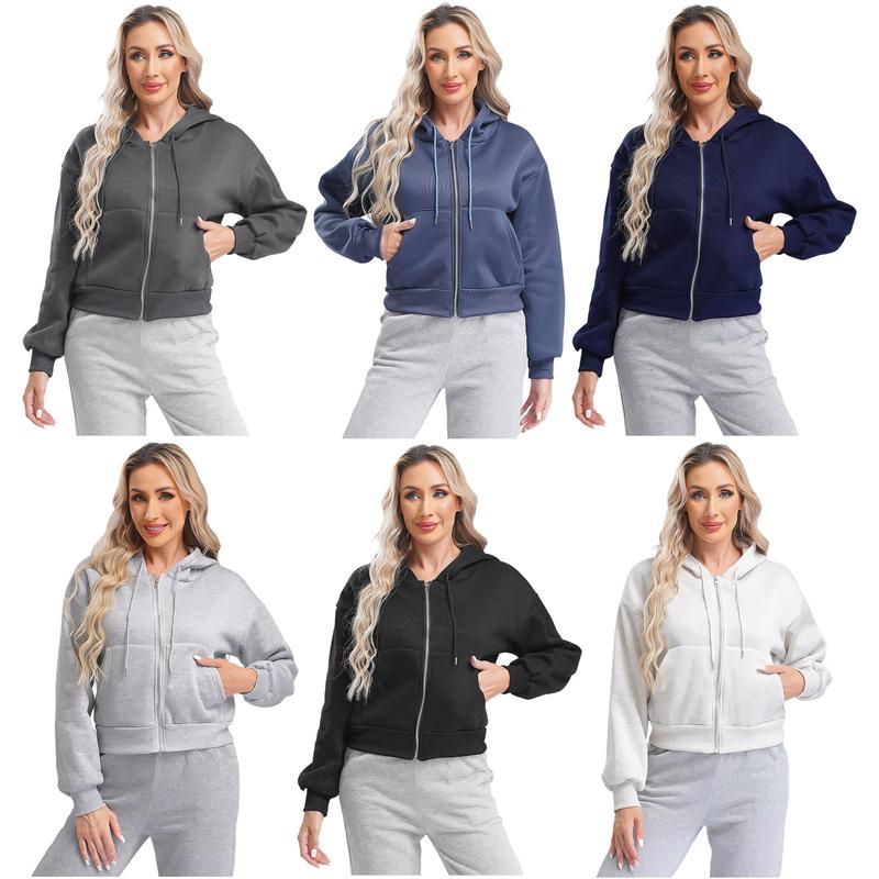 Moggemol  Womens Zip-Up Fleece-Lined Cropped Hoodie Casual Solid Color Long Sleeve Drawstring Hooded Sweatshirt with Pockets Womenswear Elastic 1