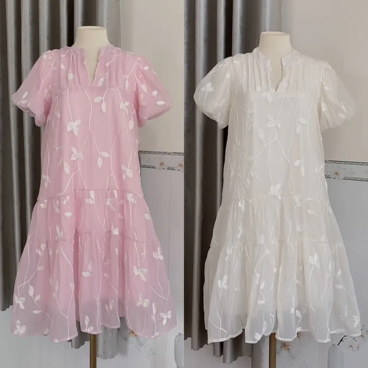 Váy babydoll hoa thêu cổ V tay bồng dáng xoè siêu vintage ENLY DRESS