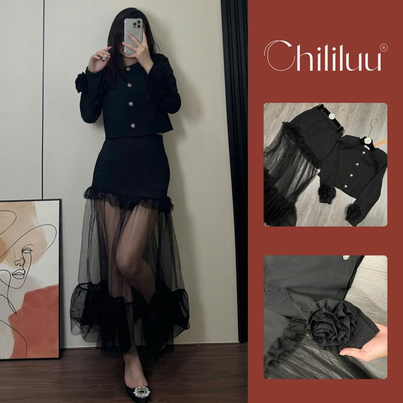  Set váy nữ Chililuu áo dạ dài tay cúc đồng tay nơ kèm chân váy dải vải trong phong cách ấn tượng 