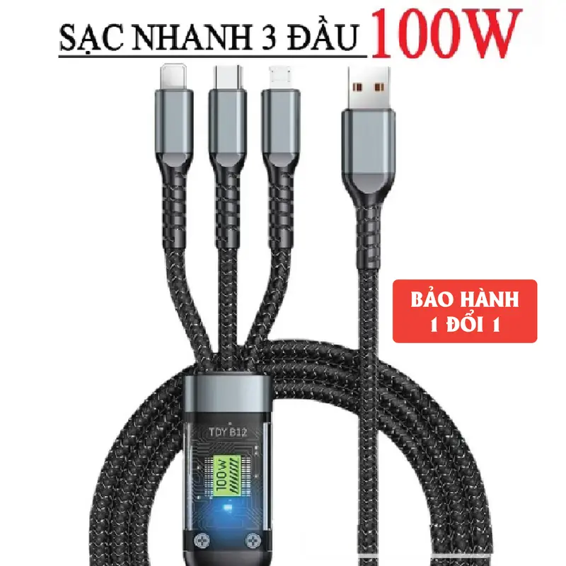 Cáp Sạc Nhanh 3 Đầu (100W) Dài 1.2m. Dây Sạc 3 Trong 1 Chống Rối, Chống Đứt. Cốc sạc nhanh 65W, Cáp sạc 4 in 1, Dây sạc 3 in 1 Phụ Kiện 0