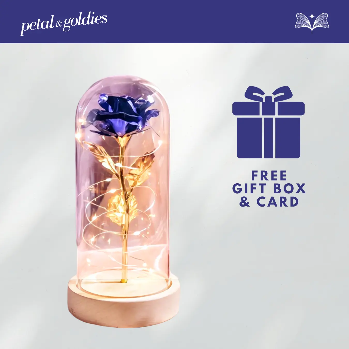 Petal & Goldies Rose Dome Lavender Blue - 1 Pc Bunga Mawar Lampu LED Kado Hiasan Dekorasi Ruangan Kamar Couple Pasangan Gift