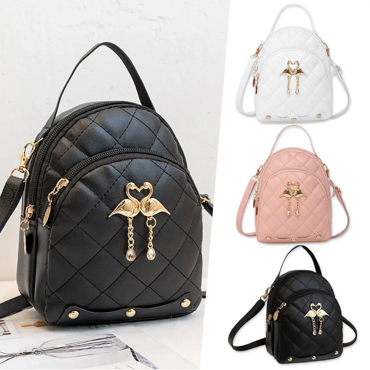 Mini Backpack For Women Cute Swan Hanging Embroidery Small Backpack Purse Girls Leather Bookbag Ladies Satchel Bags