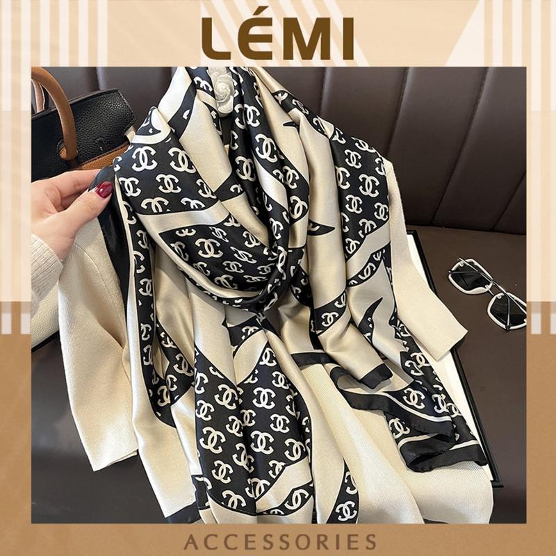 Khăn choàng lụa satin size 90x180cm hoạ tiết chữ x đen phối trắng, Khăn lụa cao cấp hàng QC loại 1 Lémi Accessorios Women Quàng Cổ