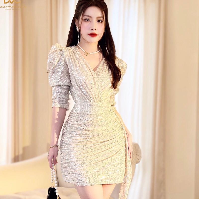 Đầm kim sa co giãn 4 chiều cao cấp màu bạc - DVC váy body