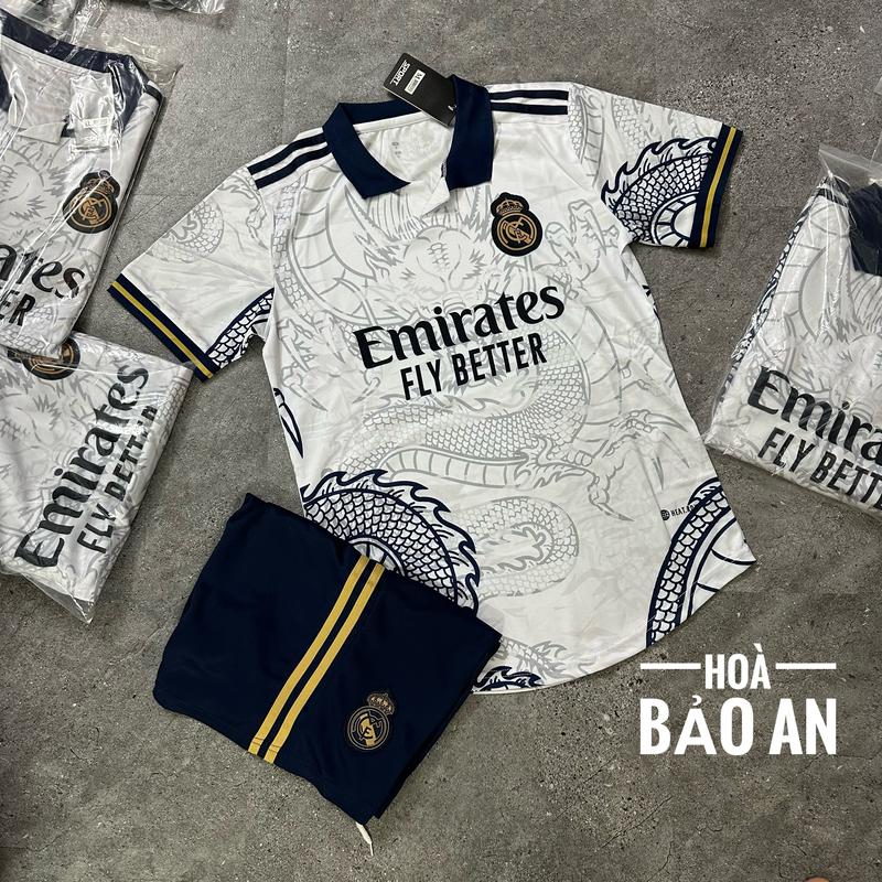 Bộ Quần Áo Bóng Đá, Đồ Đá Banh CLB Real madrid Rồng Màu Trắng mùa giải 2023/24 - Vải thun thái cao cấp