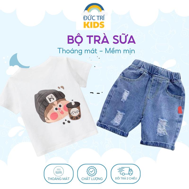 [2 BỘ TẶNG MŨ 49K] Bộ TRÀ SỮA bé trai 8-26kg Bé trai áo cotton quần jean có thể giặt máy Vải Cotton Cho Bé