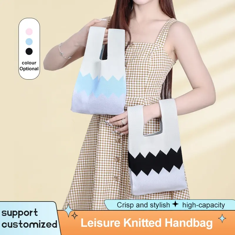 Knitted Tote Bag Premium Tas Rajut Wanita Buffalow Bag Vintage Bangkok Korean Hand Bag MOTIF GERIGI - T109 Hitam Pink Totebag