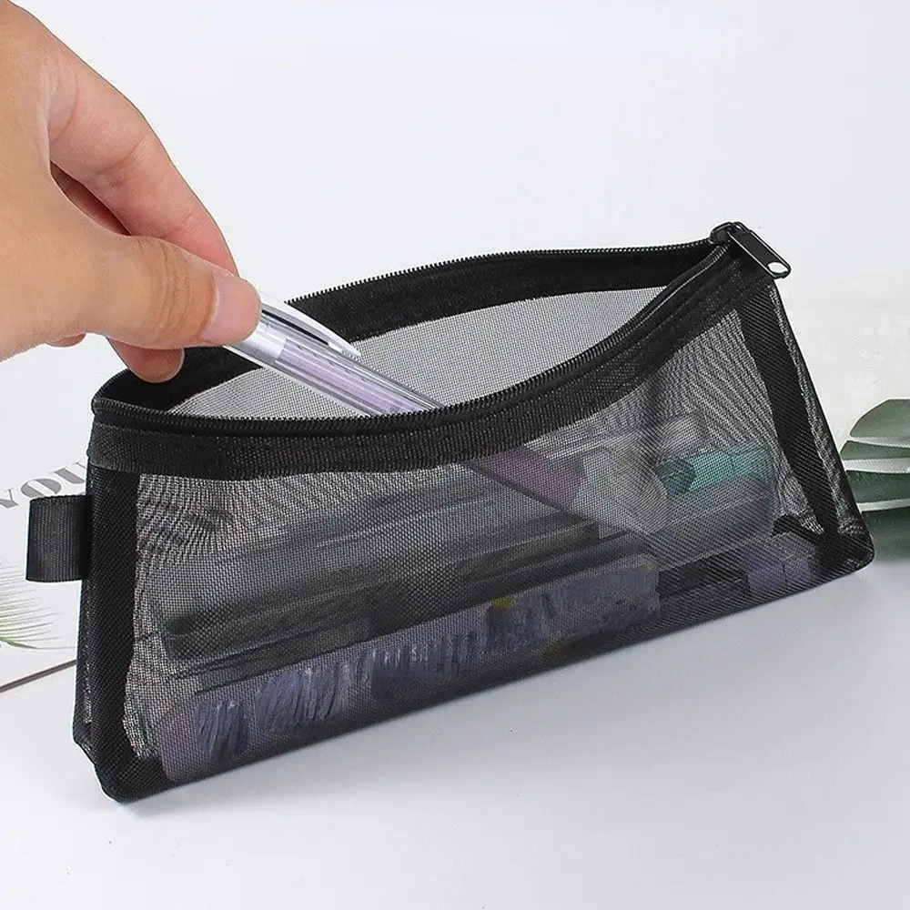 Fashion Nylon Transparent Zipper Pencil Case Solid Color Makeup Pouch Clear Stationery Bag Travel Case Zipper Mesh Cosmetic Storage Bag Storage Accessories