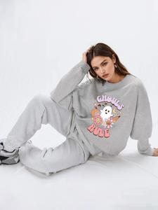 YOZY Women's Halloween Cartoon Ghost & Letter Print Drop Shoulder Sweatshirt, Casual Long Sleeve Round Neck Pullover for Fall & Winter, Ladies Clothes for Daily Wear