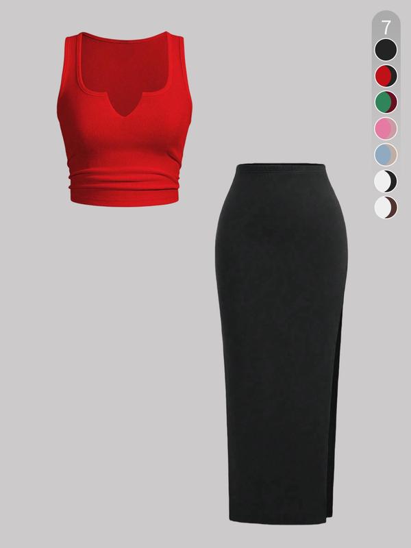 Two-Piece Set Women's Solid Ribbed Crop Tank Top & Side Split Skirt, Casual Sleeveless Top & Long Skirt for Daily Wear, Ladies Clothes for All Seasons, Polish 6