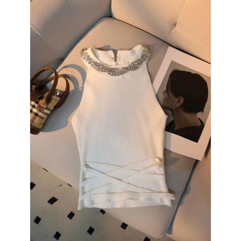 Áo Vest Dệt Kim Cổ Yếm Kim Cương, Cao Cấp, Dành Cho Nữ, Thanh Lịch Và Gợi Cảm, Ngắn Và Bó Sát, Trễ Vai, Thiết Kế Dễ Thương Và Gợi Cảm, Thích Hợp Cho Mùa Hè 3