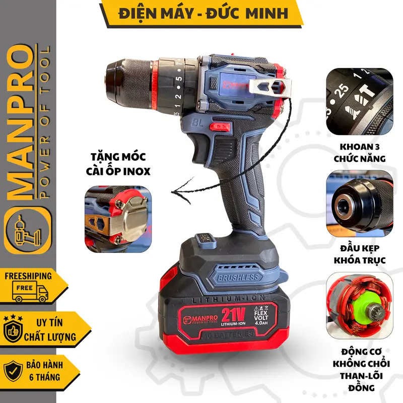 Máy khoan pin MANPRO MA-04, 3 chức năng, khoan búa, chân pin M21 phổ thông - Bảo hành (6 tháng) 1