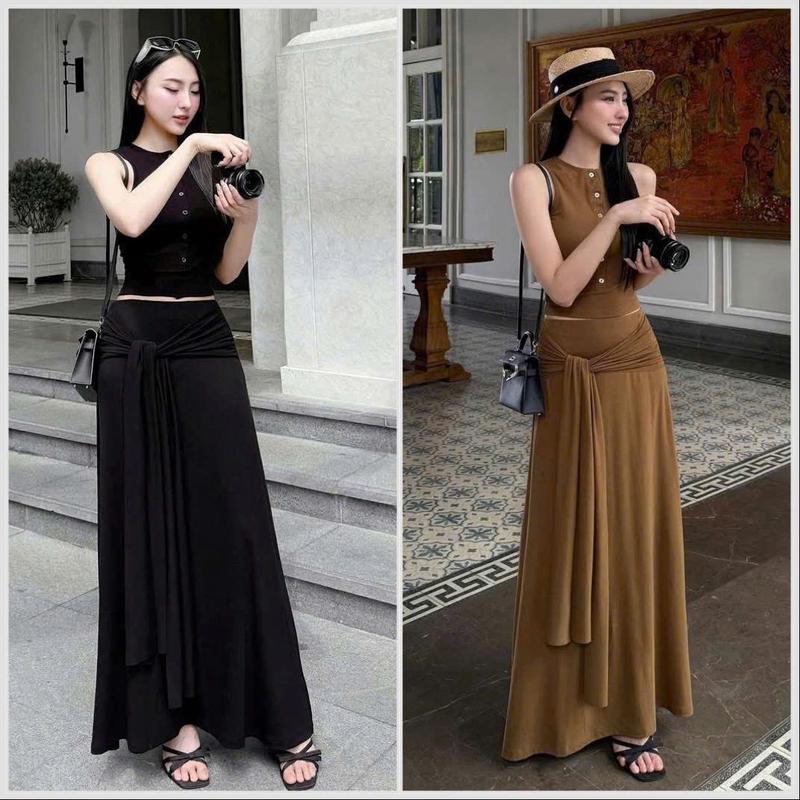 SM - Set áo cổ trụ sát nách cài nút phối chân váy dài thát eo cột tà năng động - chất Thun gân lạnh H744 set bộ , set nữ tôn dáng , set chân váy , set bộ nữ , set đi biển , set váy