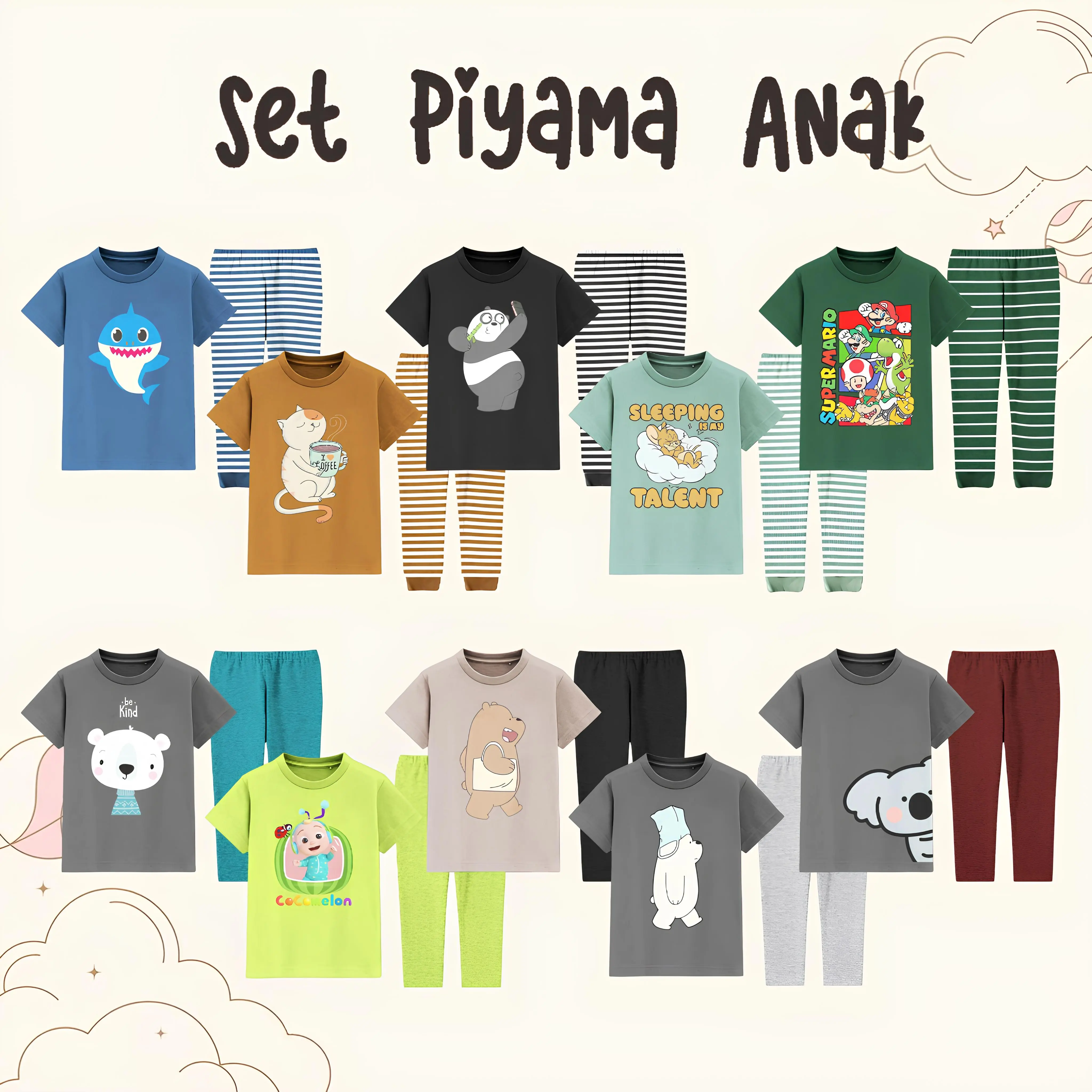 Setelan Piyama Baju Tidur Anak Lengan Pendek Celana Panjang Unisex Anak Laki Laki Perempuan Fashion