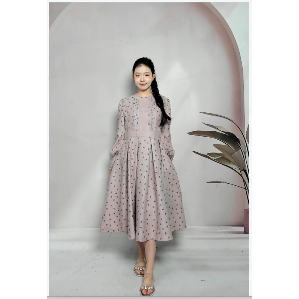 [clearance] FADFAD Gaun Wanita Motif Bergaris Rok Panjang Berkerah Lengan Panjang Gaya Kasual