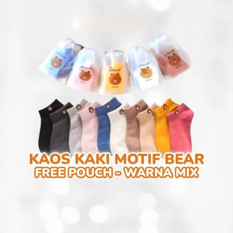 Kaos Kaki Pendek Motif Bear - Free Pouch (Warna Mix) - Wanita