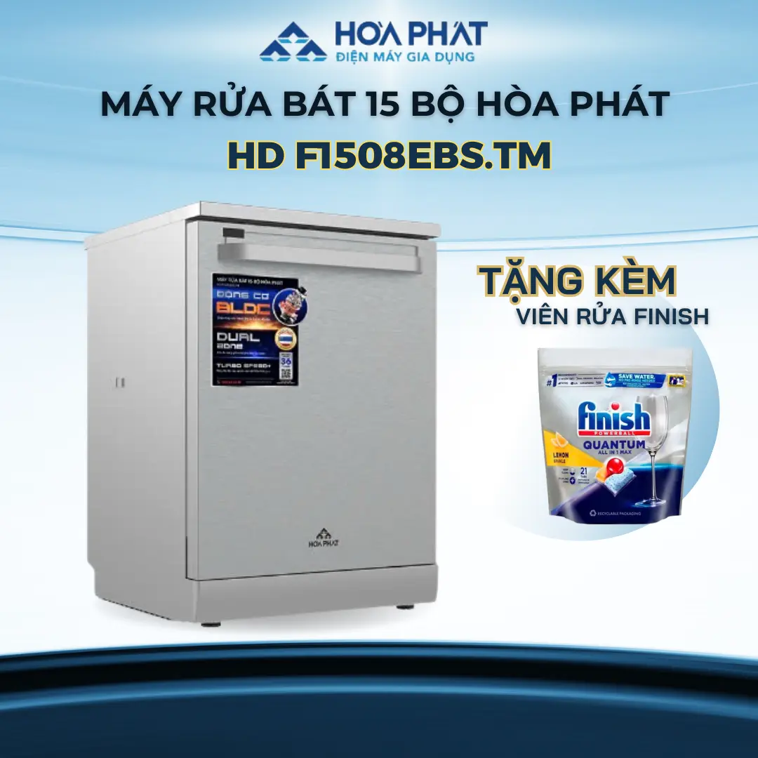 [Tặng viên rửa bát] Máy rửa chén bát 15 bộ Hòa Phát HD F1508EBS.TM, Sấy tăng cường Extra Drying, 8 chế độ rửa, 3 giàn rửa - Bảo hành 36 tháng tại nhà