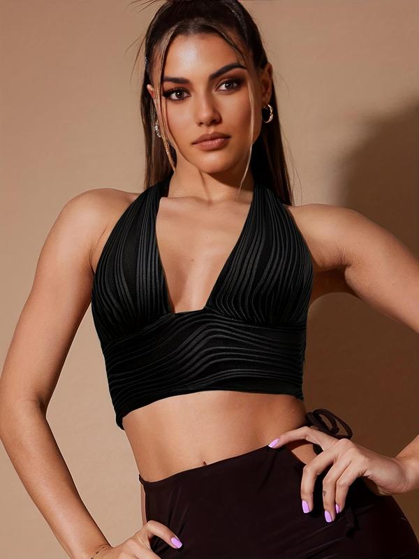Women's Textured Plunge Neck Sleeveless Halter Crop Top, Trendy Backless Crop Tank Top for Party Holiday Beach, Summer Clothes Tops 8