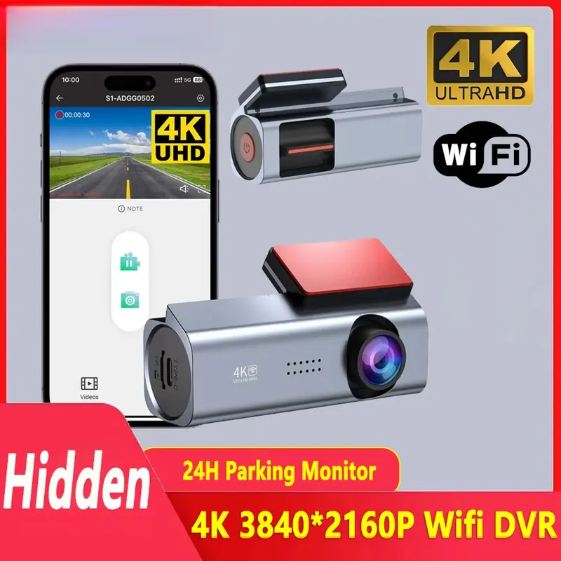 4K WIFI Car DVR Black Box Mini Camera Dashcam Video Recorder Dash Cam For Car 24H Parking Monitoring Loop Recording Voice Prompt