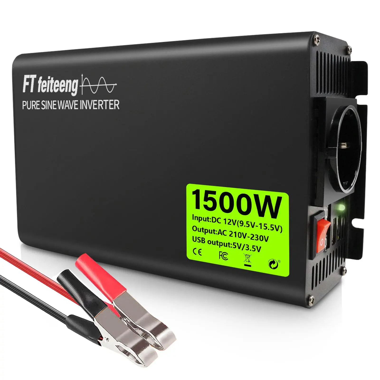 1500W Pure Sine Wave Power Inverter, DC 12V To AC 220V-230V Voltage Transfer EU Outlet for Home Car Converter, Solar Car Inverter with LCD