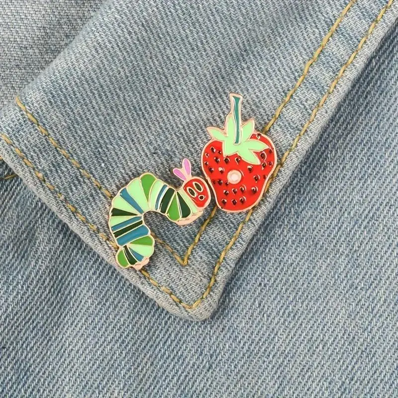 Caterpillar & Strawberry Design Metal Brooch (2 Counts), Cute Cartoon Badge for Clothes Backpack Hat, Enamel Pin Suitable for Backpacks, Jeans, Scarves, Hats Decoration Fixed Buckle, for Summer Clothes,  Teenage Girl Gifts 6