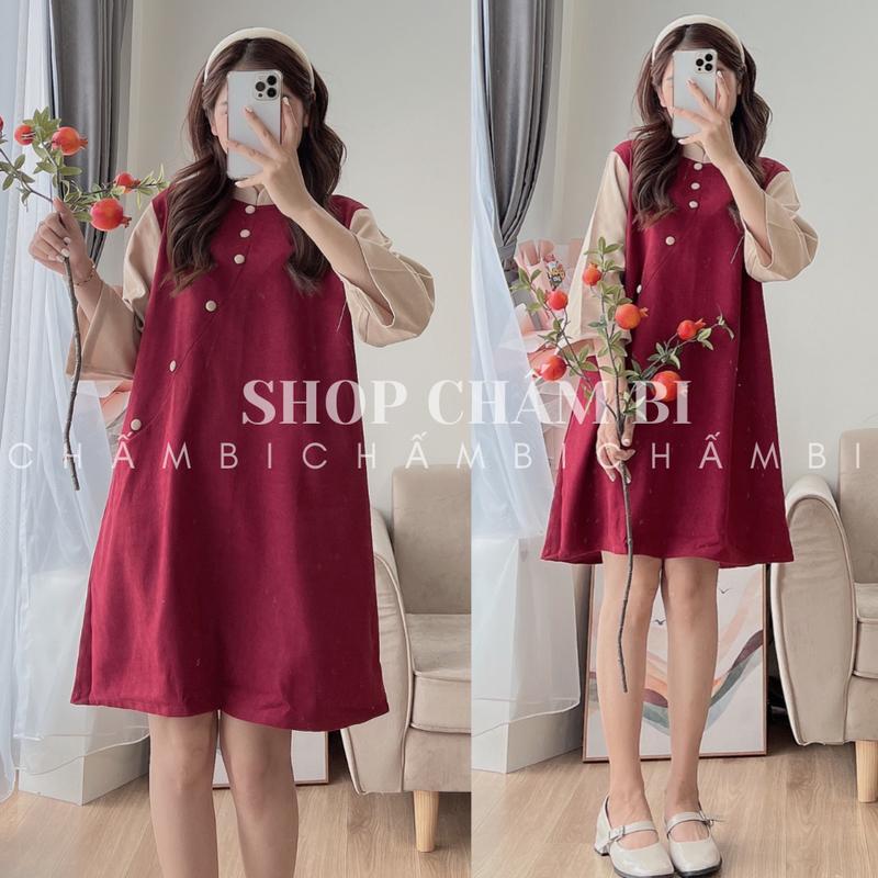  Áo dài cách tân nữ VP.135 Váy áo dài dáng suông 3 màu phối tay be chất nhung tăm cực xinh - Shop Chấm Bi 
